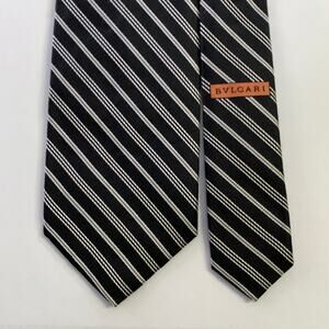 BVLGARI Black White Diagonal Stripe Silk Tie